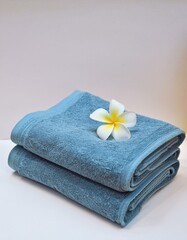 Spa-like serenity: Soft blue towels & delicate flower.