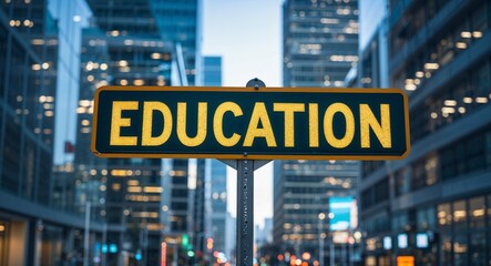 Obraz premium education text on road sign in middle of modern business city background