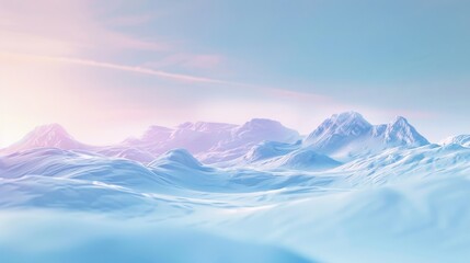 Obraz premium Beautiful Winter Landscape with Soft Snow-Covered Mountains Under a Gentle Sunrise Sky, Evoking Peaceful and Serene Natural Scenery in a Dreamlike Atmosphere