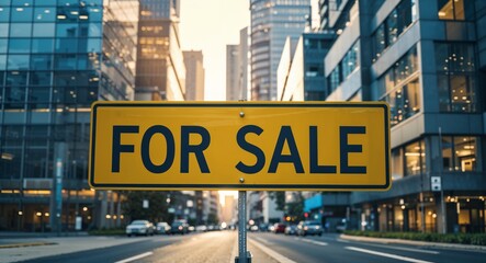 Obraz premium for sale text on road sign in middle of modern business city background