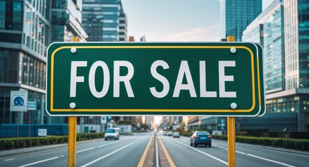 Obraz premium for sale text on road sign in middle of modern business city background