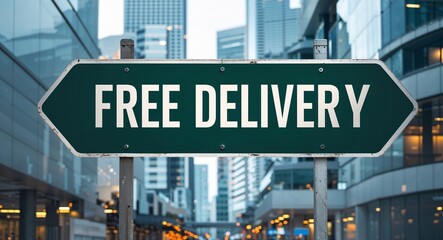 Obraz premium Free delivery text on road sign in middle of modern business city background
