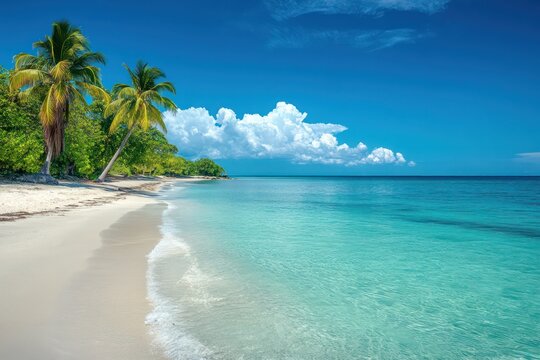 A tropical beach with palm trees, where the white sand and turquoise waters create a serene and beautiful paradise.