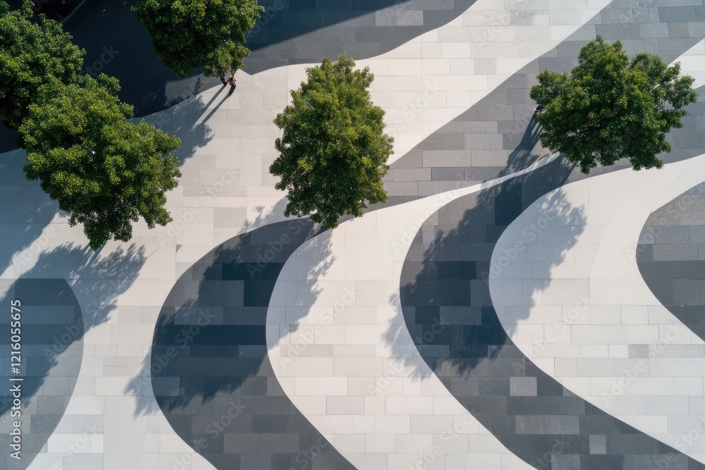 Poster drone shot of pedestrian plaza with intricate geometric patterns and modern sculptures blending publ