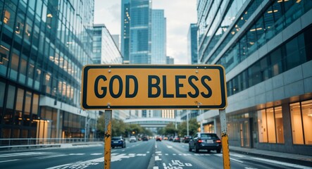 Obraz premium God bless you text on road sign in middle of modern business city background