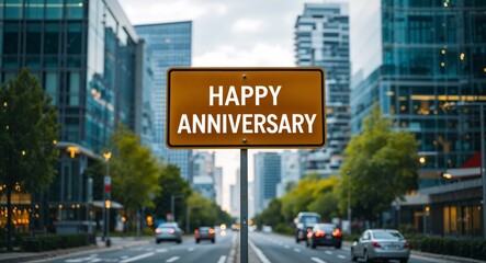Obraz premium happy anniversary text on road sign in middle of modern business city background