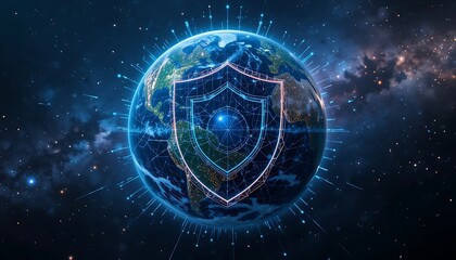 Obraz premium Global Cybersecurity Network Protection: Digital Shield Protecting Earth from Cyber Threats