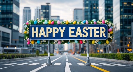 happy easter text on road sign in middle of modern business city background