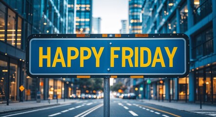 Obraz premium happy Friday text on road sign in middle of modern business city background