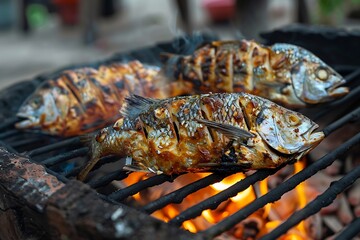 Grilled fish on the grill. Closeup