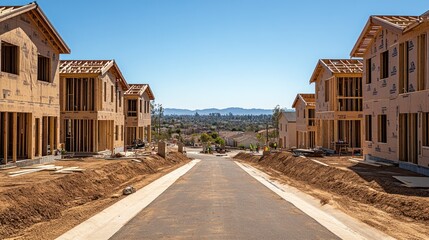 Suburban houses under construction, sunny day, hills background, new development