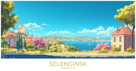Selenginsk Azerbaijan Travel Poster Flat Illustration Print Decor Gift Canvas Wall Art
