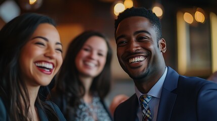 Fototapeta premium A Man and Two Women Smiling at a Restaurant