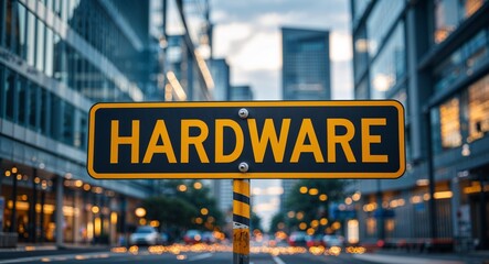 Obraz premium Hardware text on road sign in middle of modern business city background