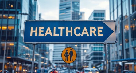 healthcare text on road sign in middle of modern business city background