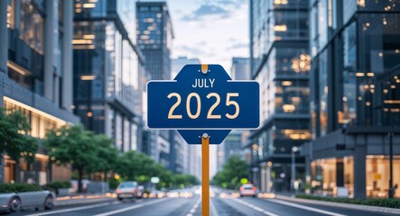 july 2025 text on road sign in middle of modern business city background
