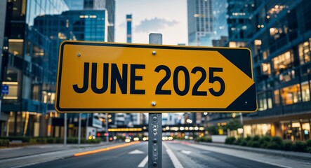 Obraz premium june 2025 text on road sign in middle of modern business city background
