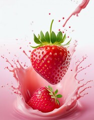 Fresh strawberries splashing into creamy pink liquid.
