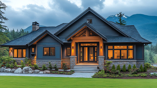 A luxury mountain home with craftsman architecture, glowing windows, stone and wood facade, and dramatic sky, set against blue mountains

