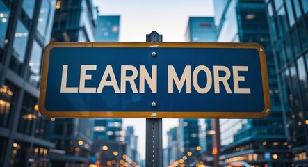 Naklejka premium Learn More text on road sign in middle of modern business city background