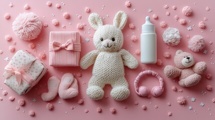 A baby girl concept top view photo of gift boxes, socks, booties, knitted bunny rattle toy, teddy bear, pacifier chain, bottle, and confetti on an isolated pastel pink background