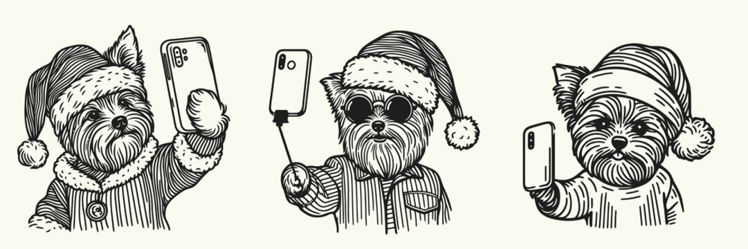 Three adorable dogs in Santa hats take selfies, showcasing their holiday spirit with festive expressions and playful poses.