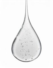 Close-up of a single, transparent drop of liquid with tiny air bubbles, hanging against a white background.