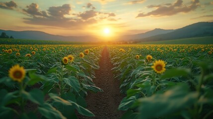 Fototapeta premium Sunset over sunflower field, mountain backdrop, rural path