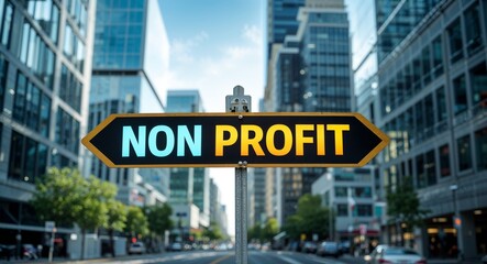 Obraz premium non profit text on road sign in middle of modern business city background