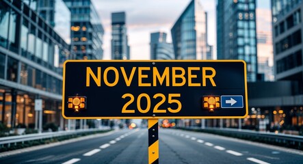 Obraz premium november 2025 text on road sign in middle of modern business city background