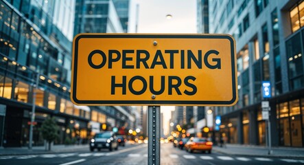 Obraz premium operating hours text on road sign in middle of modern business city background
