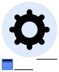 Black gear at center with blue calculator below, symbolizing process automation, efficiency, and computation. Ideal for technology, finance, planning, business, problem-solving and teamwork