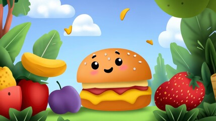 Cute Cartoon Hamburger Surrounded by Colorful Fruits and Vegetables