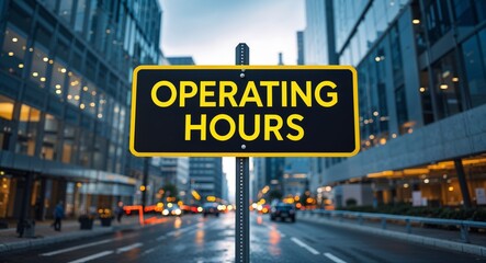 Obraz premium operating hours text on road sign in middle of modern business city background