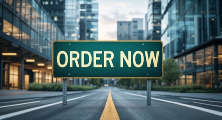 Order now text on road sign in middle of modern business city background