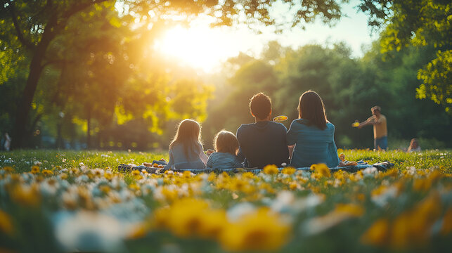 A group silhouette sitting on grass during sunset, surrounded by flowers, dandelions, and warm golden hour light