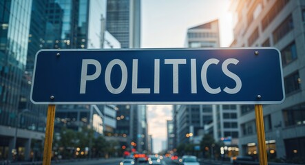 Obraz premium politics text on road sign in middle of modern business city background