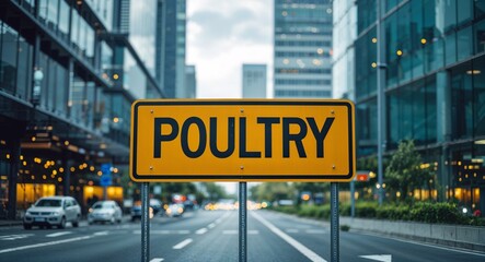 Obraz premium Poultry text on road sign in middle of modern business city background