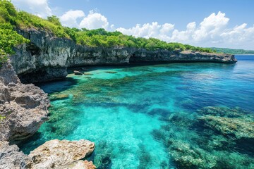 A tropical paradise island with dramatic cliffs and hidden coves, the island surrounded by crystal-clear waters that reveal the vibrant coral below