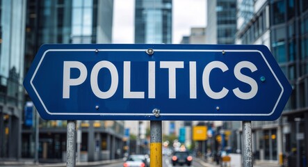 Obraz premium politics text on road sign in middle of modern business city background