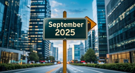 Obraz premium september 2025 text on road sign in middle of modern business city background