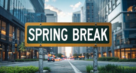 Obraz premium spring break text on road sign in middle of modern business city background