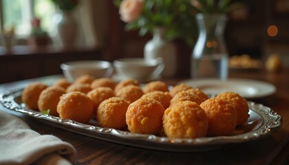 Close-up of orange appetizers on tray with soft focus, ideal for culinary blog post