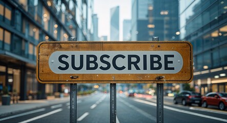 Obraz premium Subscribe text on road sign in middle of modern business city background