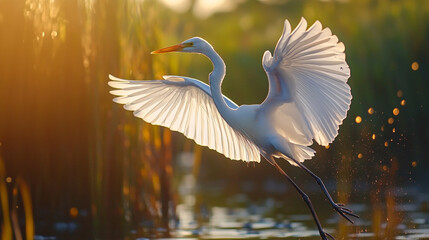 Graceful white heron takes flight at sunset over a tranquil wetland