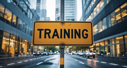 Obraz premium training text on road sign in middle of modern business city background