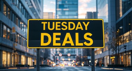 Obraz premium Tuesday deals text on road sign in middle of modern business city background