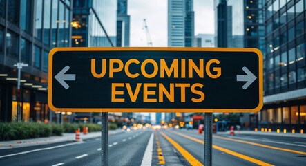 Obraz premium upcoming events text on road sign in middle of modern business city background
