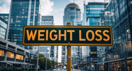 Obraz premium weight loss text on road sign in middle of modern business city background