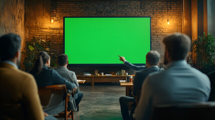 Audience watching a green screen in a retro cinema room with vintage chairs and dim lighting